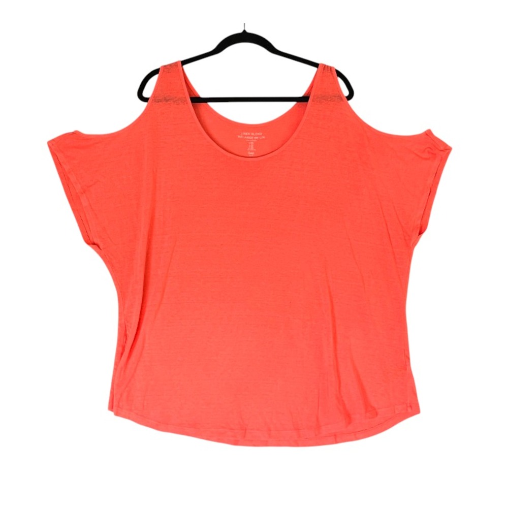 GAP Linen Blend Knit COLD SHOULDER TOP TEE Neon Orange Round-Hem Scoop Neck XXL